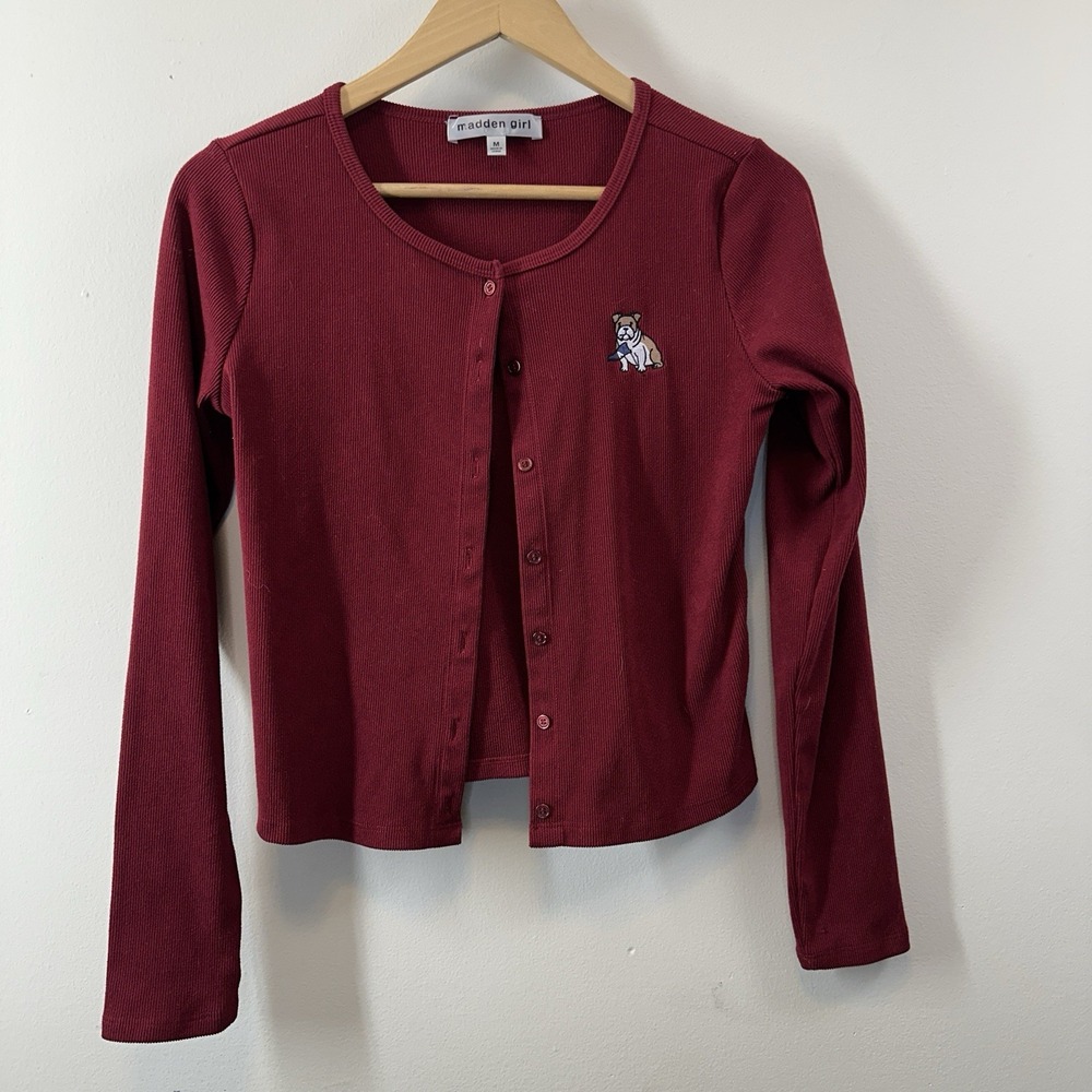 Madden Girl Maroon Ribbed Knit Cardigan Sweater Size M Bulldog Embroidered Top